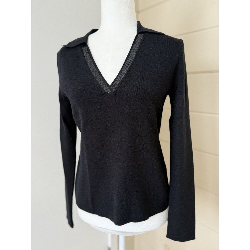 Calvin Klein NWT Women Sz S Black Sequin Trim Collared V Neck Sweater Classic